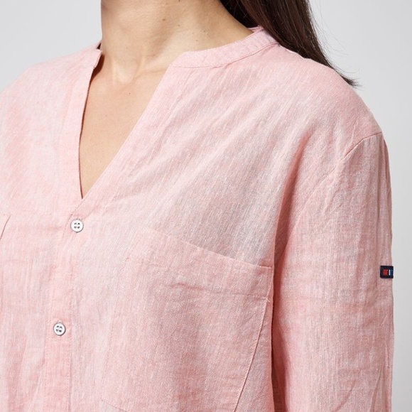 NEW PINKISH RED LINEN BLEND‎ SHIRT MANDARIN COLLAR FRENCH SLEEVE SZ EU 42 US 10 - Picture 2 of 3